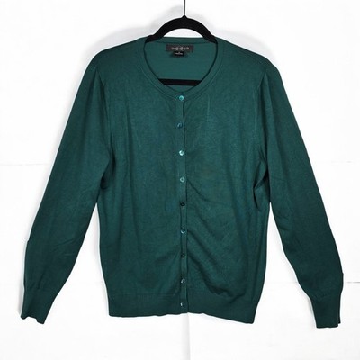August Silk Cardigan Sweater Women XL Emerald Green Button Front Quiet Luxury