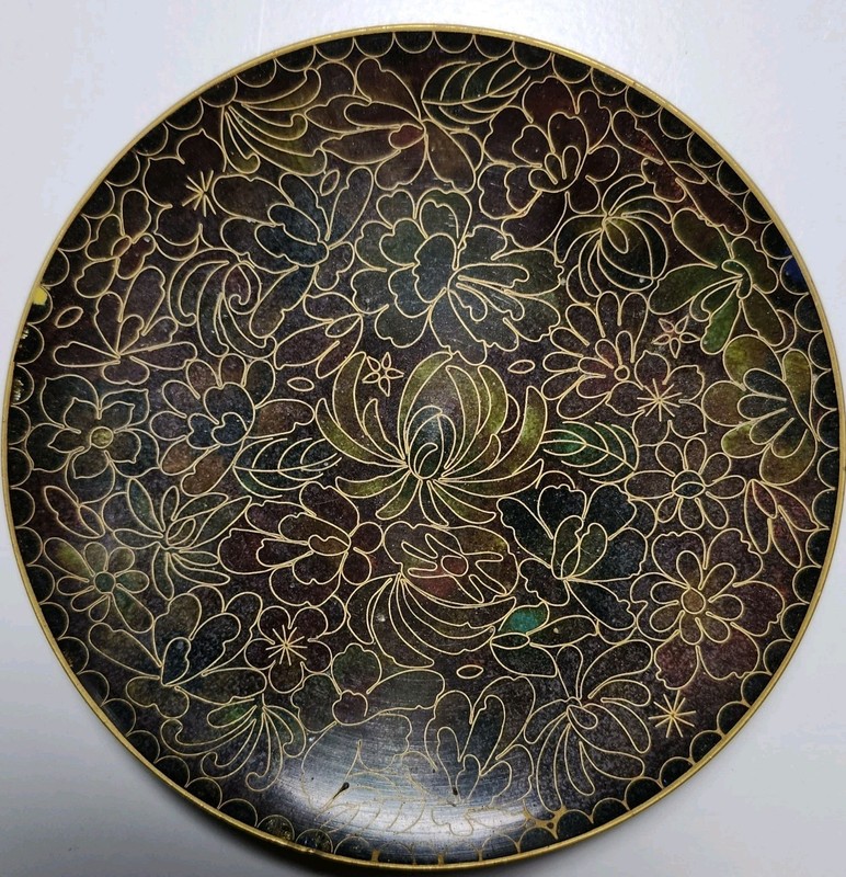 Vintage Floral Cloisonne Enamel on Copper Plate Browns Greens Republic of China
