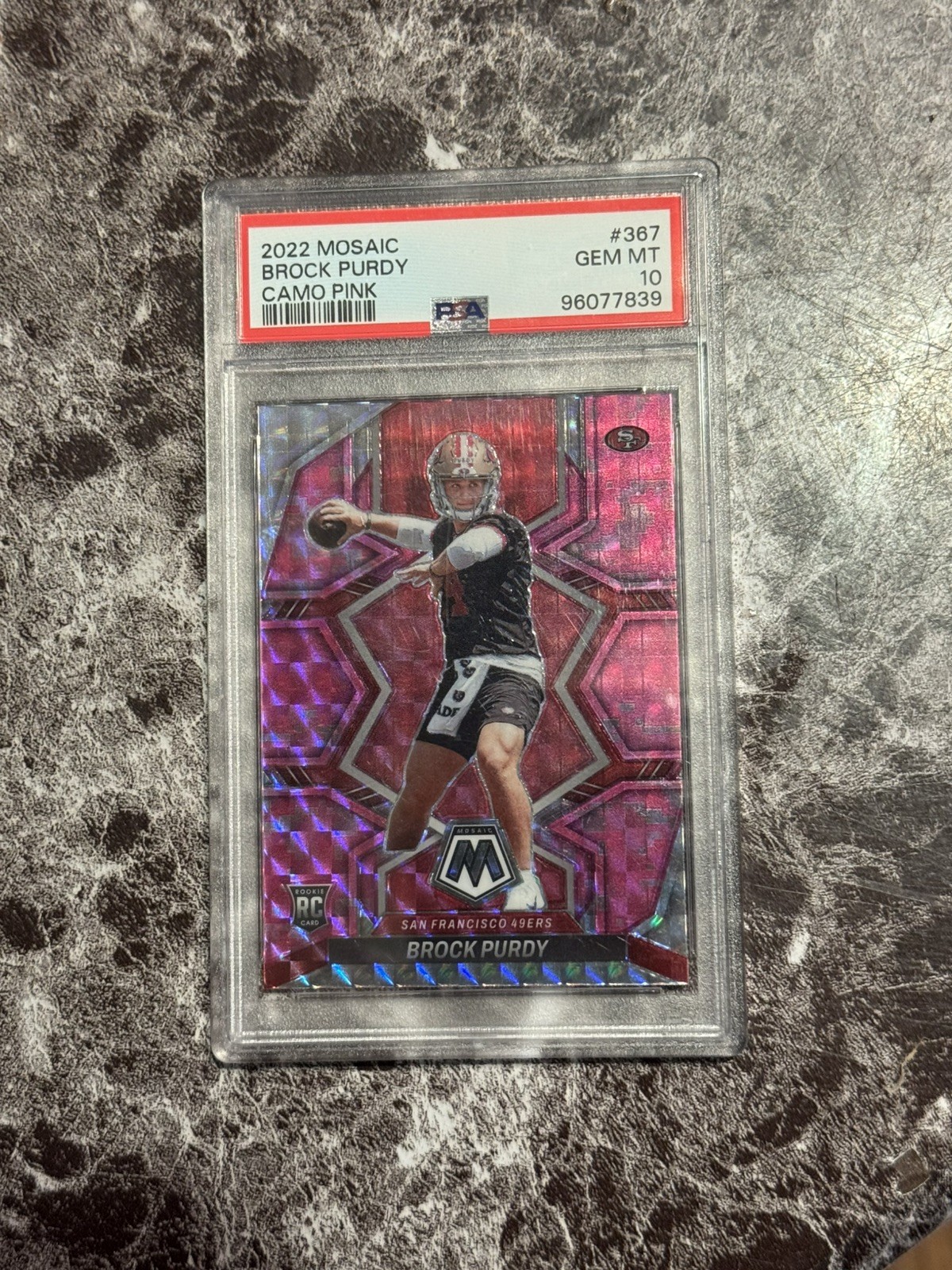 Panini 2022 Mosaic Brock Purdy Rookies RC #367 Camo Pink Mosaic Prizm PSA 10
