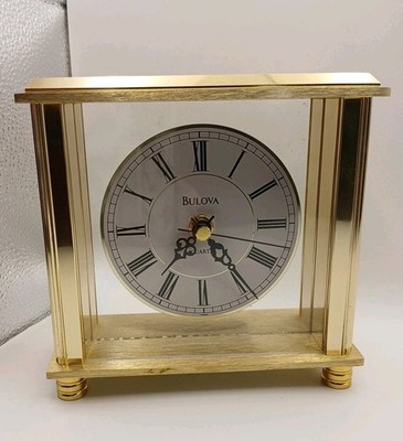Bulova B1703 Cheryl Brass Table Clock Roman Numerals Filigree Hands Fluted Sides
