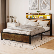YITAHOME King Size LED Modern Bed Frame USB Ports Shelves Metal Platform Wood UK