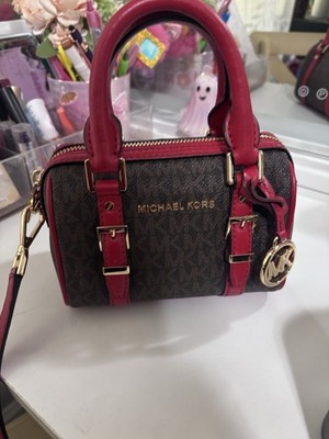 Michael Kors Monogram Mini Satchel Brown/Red Strap Gold Hardware MK Charm