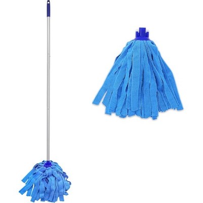 One Pole Mop with Two Blue Microfiber Replacement Heads and Handle