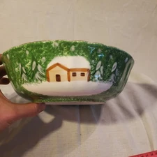 Macy's The Cellar Log Cabin Vegetable Bowl Christmas Snow Serving 10 Inches