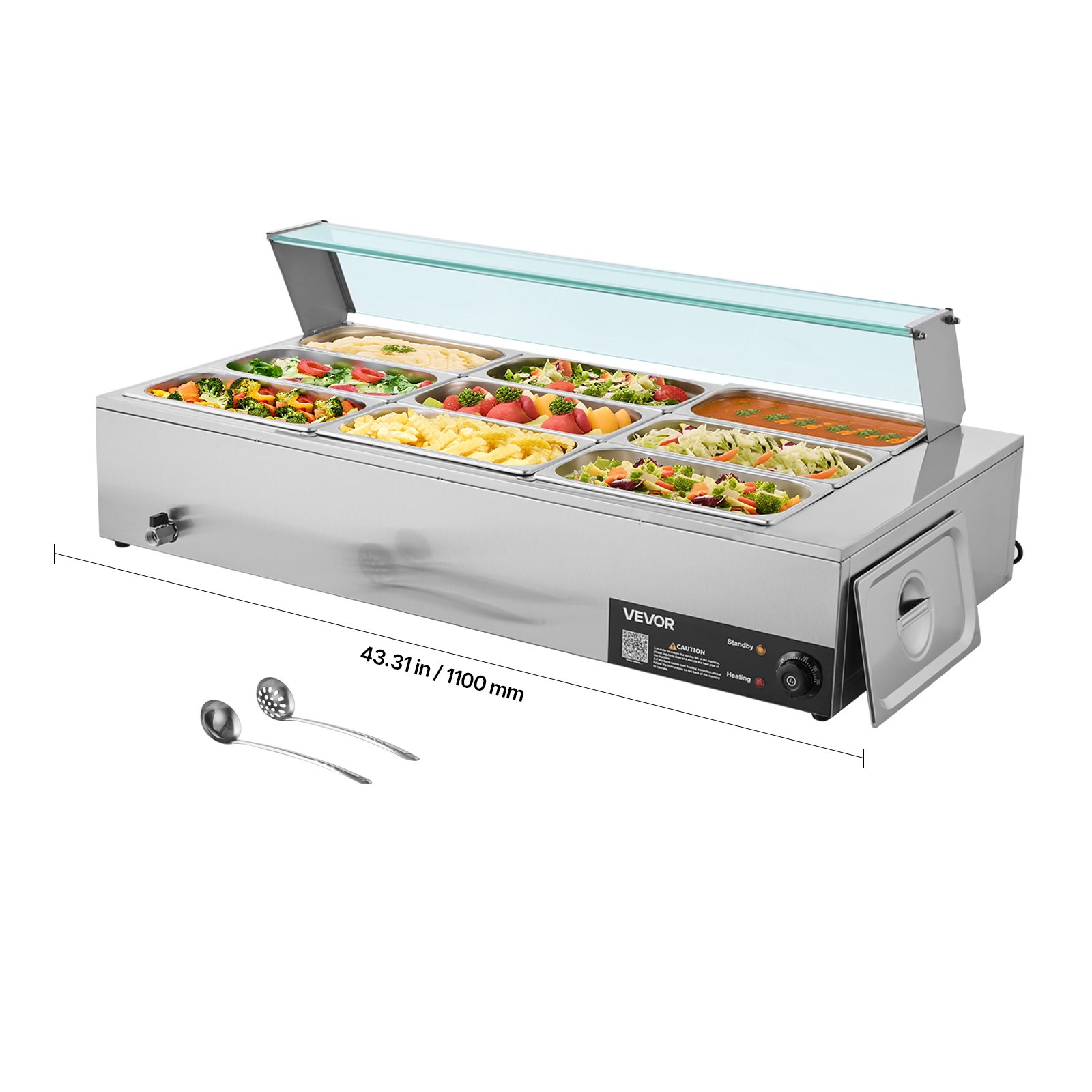 VEVOR Commercial Food Warmer 9-Pan 1500W Buffet Bain Marie with Glass Cover