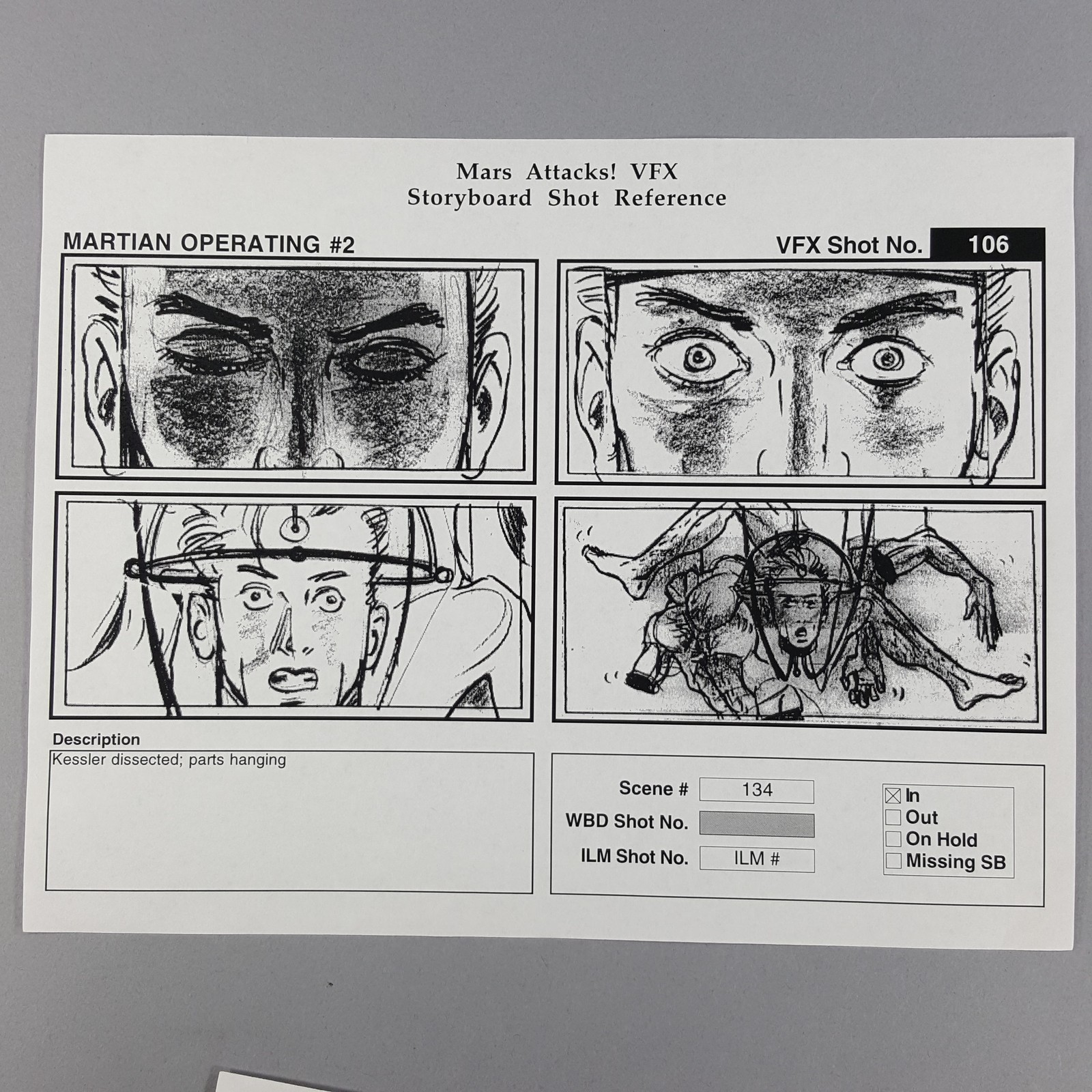 Mars Attacks! VFX Storyboard Kessler Dissected Parts Hanging Production Used COA