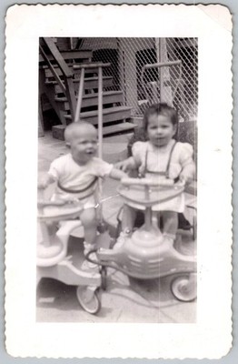 Vtg B&W Snapshot Two Cute Babies In Vintage Walkers Strollers Outdoors 1950s