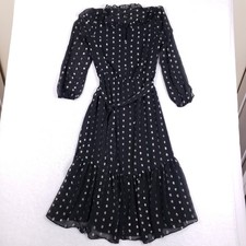 Talbots Black Silver Metallic Foil Dot Chiffon Ruffle Midi Dress Size 4 Whimsy