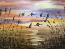 Original Artwork Modern Painting SKY BLUE HERON Landscape CRANES Art Seascape A4