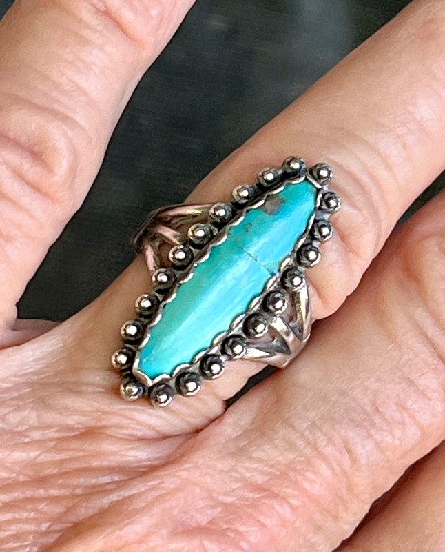 Vintage Signed longer Navajo turquoise sterling silver ring SIZE 7.75 7gm Native