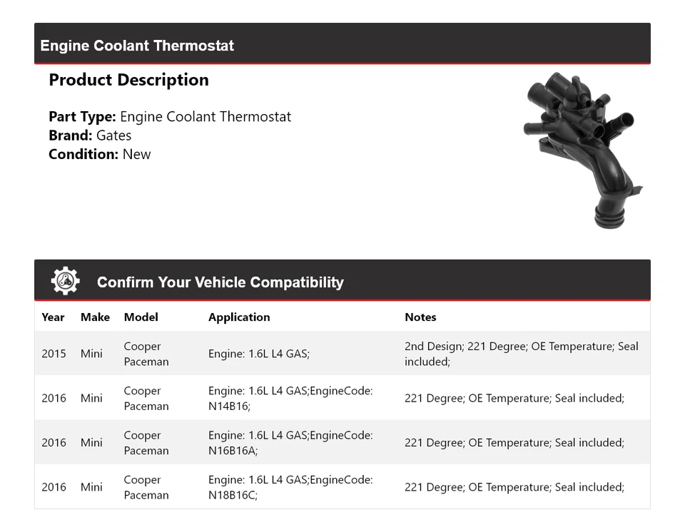 Portões termostato líquido de arrefecimento do motor GAS Mini Cooper Paceman 1.6L L4 2015-2016 - Imagem 2 de 4