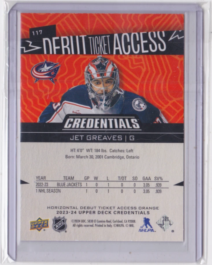 2023-24 UD CREDENTIALS DEBUT TICKET ACCESS ORANGE HORIZONTAL/99 JET GREAVES #117 - Image 2 of 2