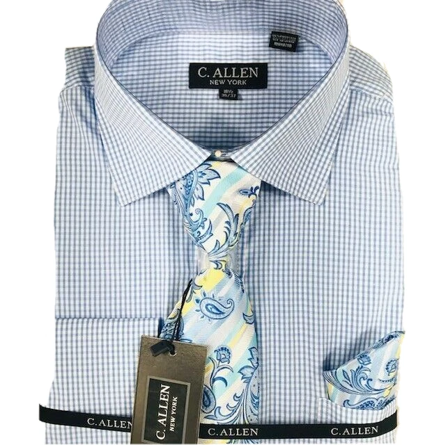 Camisa de vestir C. Allen para hombre azul blanco a cuadros azul amarillo corbata pañuelo tallas 16,5-20,5 Foto 2 de 3