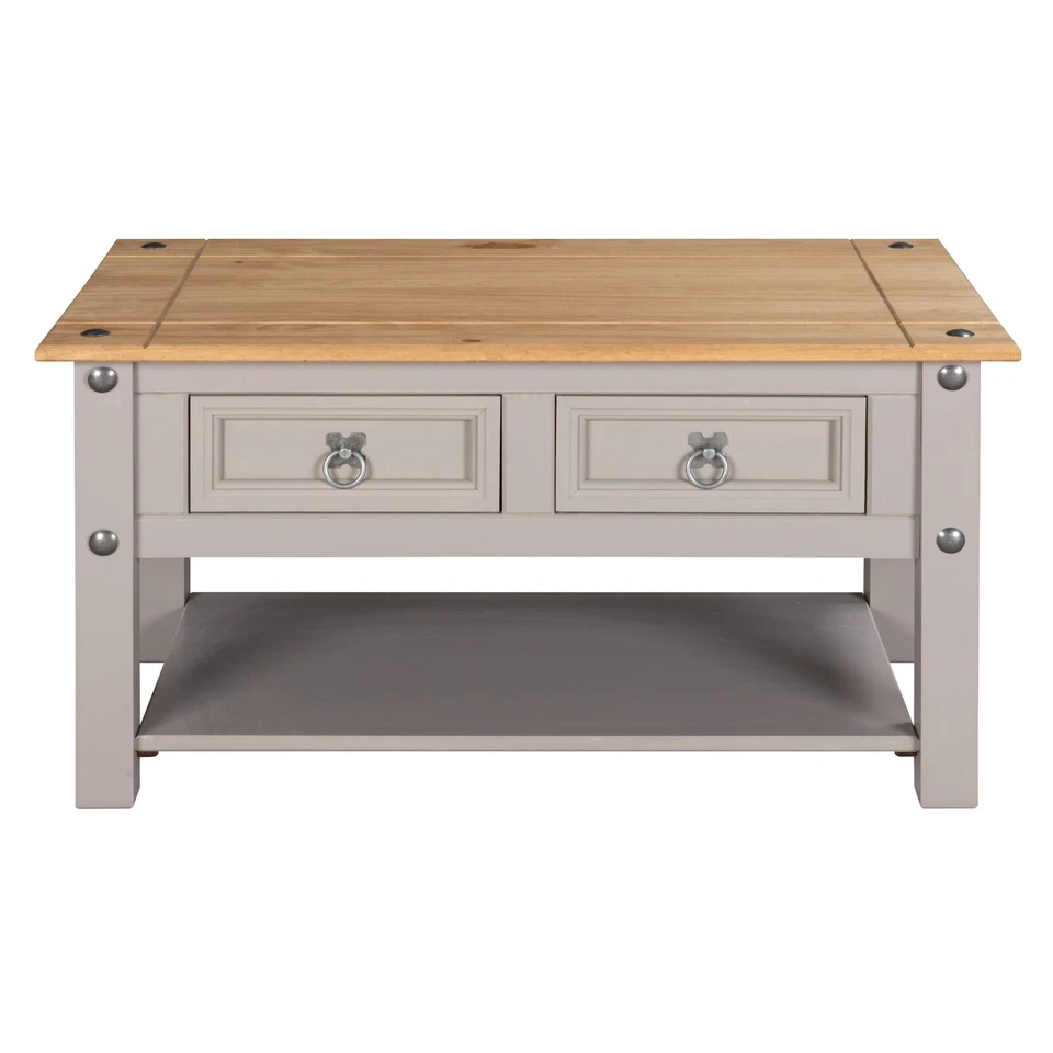 Corona Coffee Table Grey Wax 2 Drawers Solid Mexican Pine Wood Living Room - Image 4 of 4