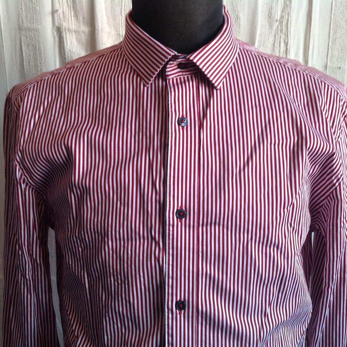 Chemise Homme CELIO à Rayures Bordeaux Et Blanc - Taille M (39-40) - Occasion Très Bon état