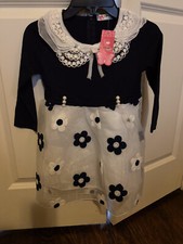 Beautiful Ivory/Cream and Navy girls dress with lace collar and floral skirt