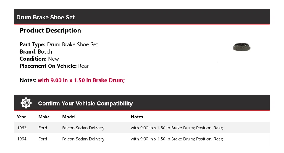 Juego de zapatas de freno de tambor traseras Bosch entrega sedán Ford Falcon 1963-1964 Foto 2 de 4