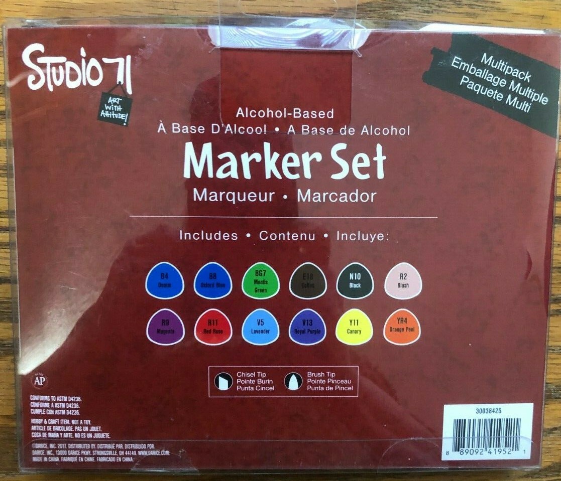 Studio 71 Alcohol Based Color Markers 12 Piece Set Dual Tip CHISEL / BRUSH TIPS