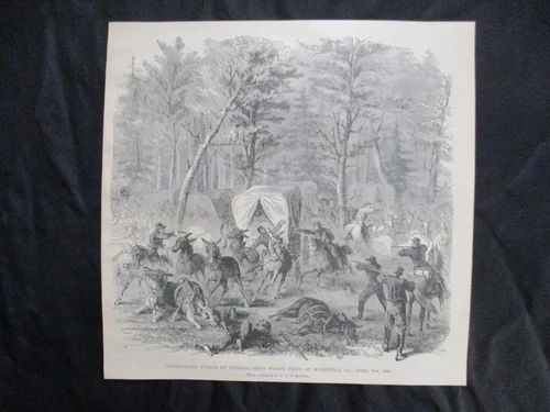 1885 Civil War Print - Mansfield, Louisiana, Confederates Attack Supply Wagon
