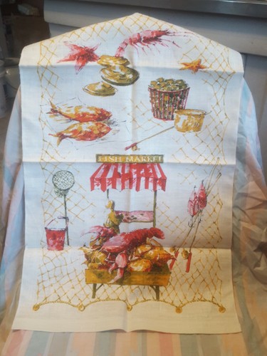 Vtg MINT Lobster Tea Towel Fish Market oyster clam crawdads fishing SET OF TWO - Picture 3 of 7