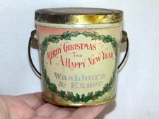 Antique PINK Miniature CANDY or PEANUT BUTTER TIN Pail, MERRY CHRISTMAS