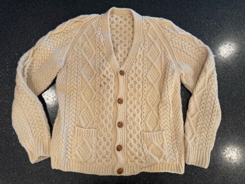 Hand Knit Womens Wool Ivory Fisherman Cableknit Sweater Cardigan Med