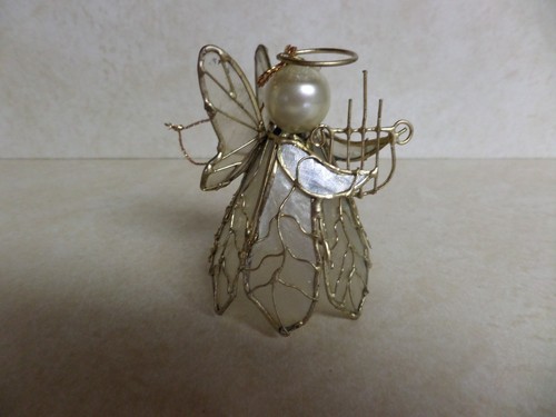angel christmas ornament metal white shell stained glass harp