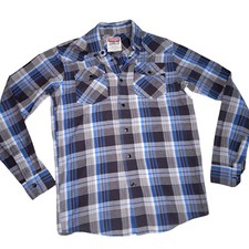 Wrangler Mens Western Shirt Size Small Pearl Snap Blue Gray Plaid Long Sleeve
