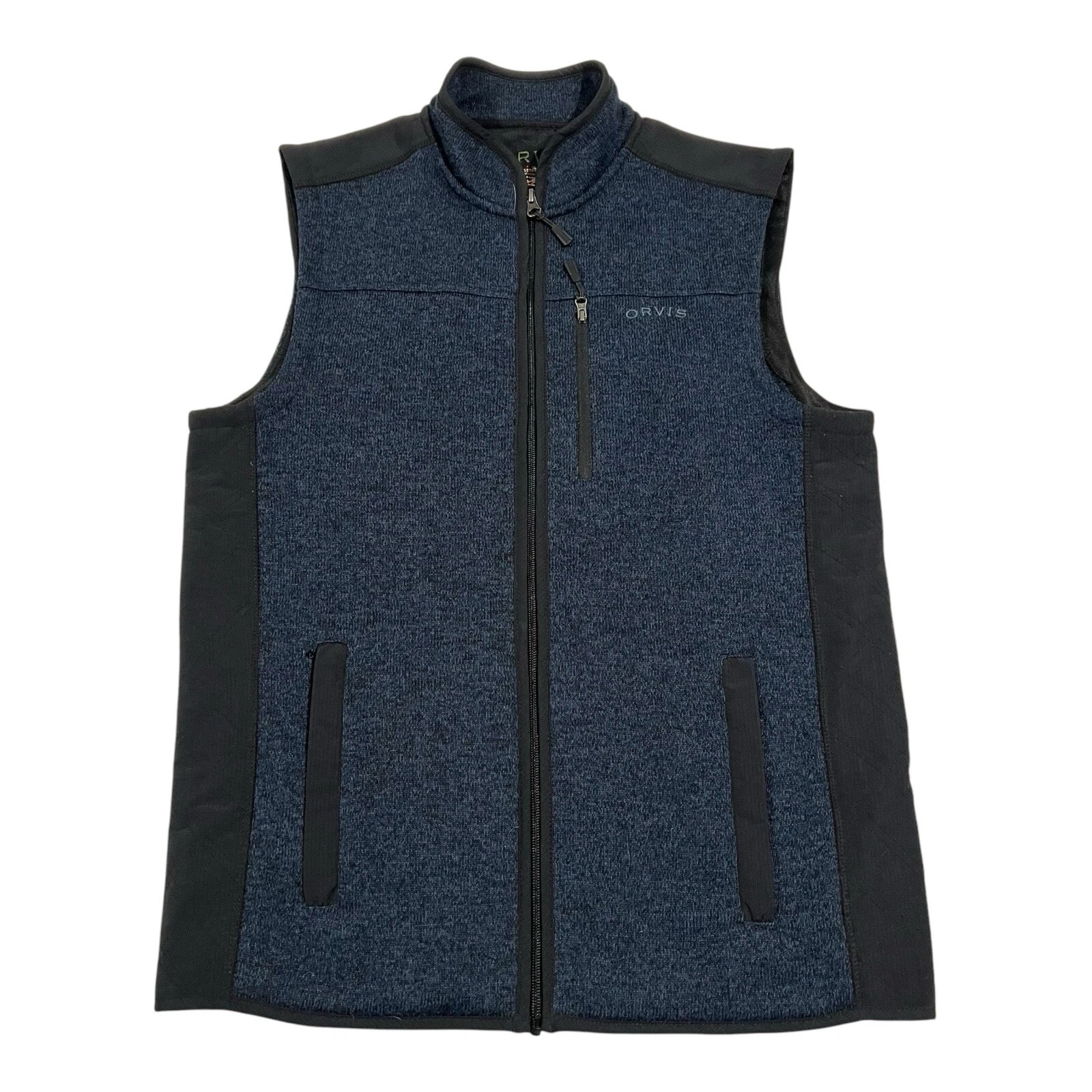 Orvis Men’s Sz M/M Blue Knit Fleece Lined Fishing Vest Full Zip Woven Panels