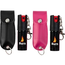 2 PACK BURN Pepper Spray Keychain Self Defense in Holster 1/2oz Black & Pink