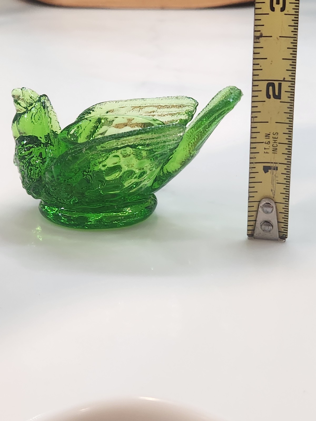 Vintage DEGENHART Green Glass Bird & Berry Salt Cellar Glows With Blacklight