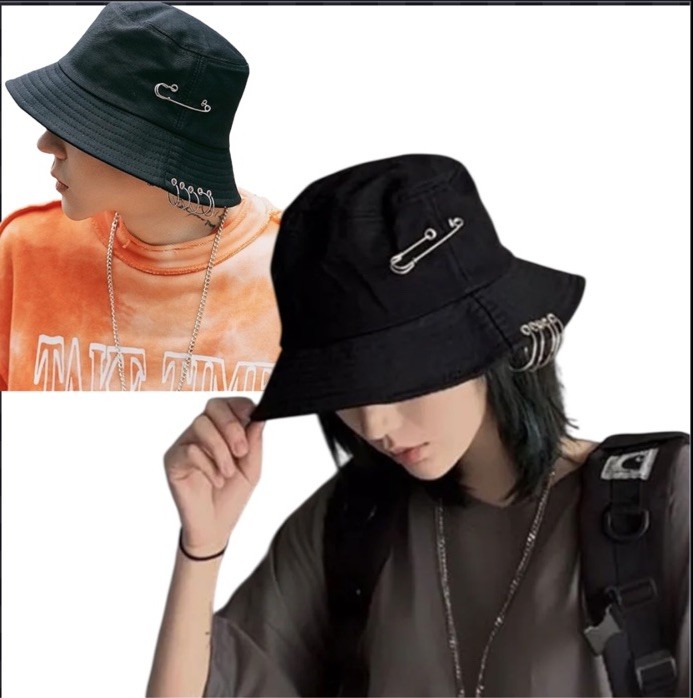 Black Iron Ring Pin Bucket Hat for Women & Men - Solid Blank Fishing Cap-image