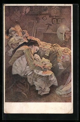 Artist postcard Alphonse Mucha: mother and child sleeping on man's deathbed, H 