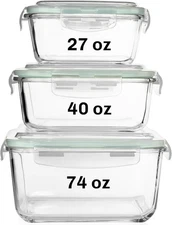 6 PC Square Glass Food Storage Containers with Airtight lids (74, 40 & 27 oz)...