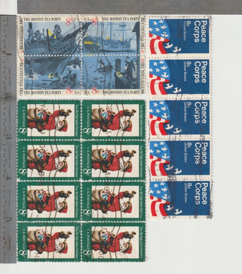 Qty 17 Stamps Bicentennial Boston Tea Party Peace corps Santa Blocks USED Mailed - Image 2 of 4