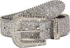 Womens-Rhinestone-Western-Cowgirl-Belt - Silver Glitter Diamond Western Belt for