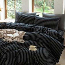 Striped Duvet Cover Set King Size 3 Piece 100 Washed Cotton Linen Feel Beddi...
