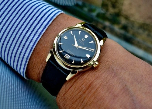 MEN'S OMEGA SEAMASTER DATE @ 6 AUTO 355 BLACK DIAL 14K GOLD BEZEL 1952 VINTAGE