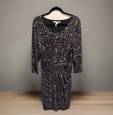 Womens XL Black Beige Ruched Midi Dress Abstract Print Bodycon