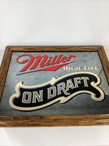 VTG 1983 Miller High Life ON Draft Beer Mirror Sign Bar Wood Frame 22” x 17”