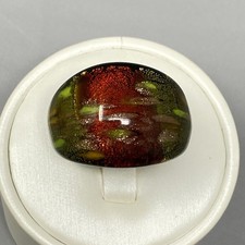 Hand Blown Glass Ring Green Gold Red Swirl Iridescent Fused Foil Retro Chunky 7