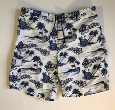 Chaps Men's Swim Trunks, XL White w/ Blue Hawaiian Design, Partial Elastic Waist