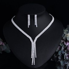 Silver Plated CZ Long Tassel Dangle Drop Costume Necklace Earrings Jewelry Set