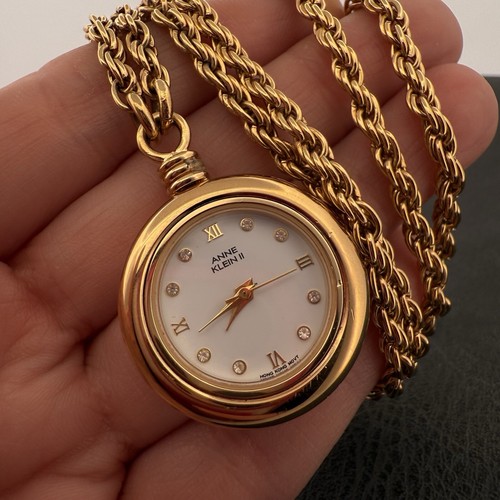 VINTAGE 💖 GOLD TONE PENDANT WATCH 💖 ANNE KLEIN II 💖 LONG CHAIN NECKLACE WORKS - Picture 7 of 18