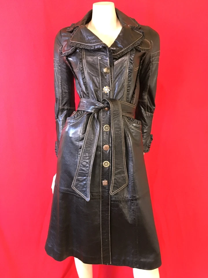 Dress in DESIGNER ROUGE Genuine SOFT LEATHER Trench BLACK Belted COAT size XS - Image 2 of 4