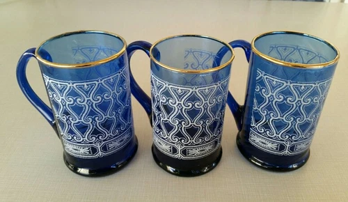 3-VTG COBALT BLUE GLASS MUGS☆HAND BLOWN☆Textured Design☆Gold Trim☆Original Work☆
