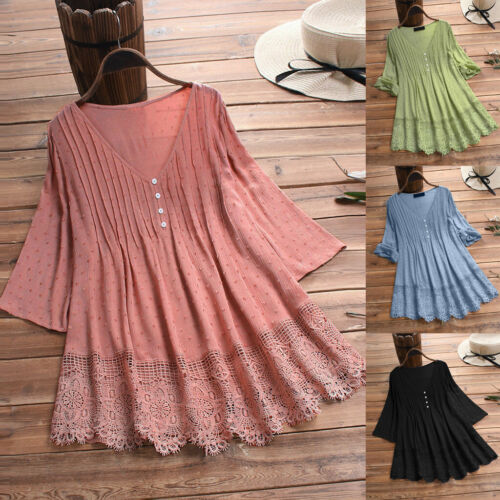 Womens Solid Cotton Linen Tunic Blouse Tops Ladies Baggy Long Sleeve T-Shirt 1