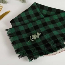 Black Green Plaid Cloth Napkins with Fringe Set of 8 Buffalo Checkered Cotton...