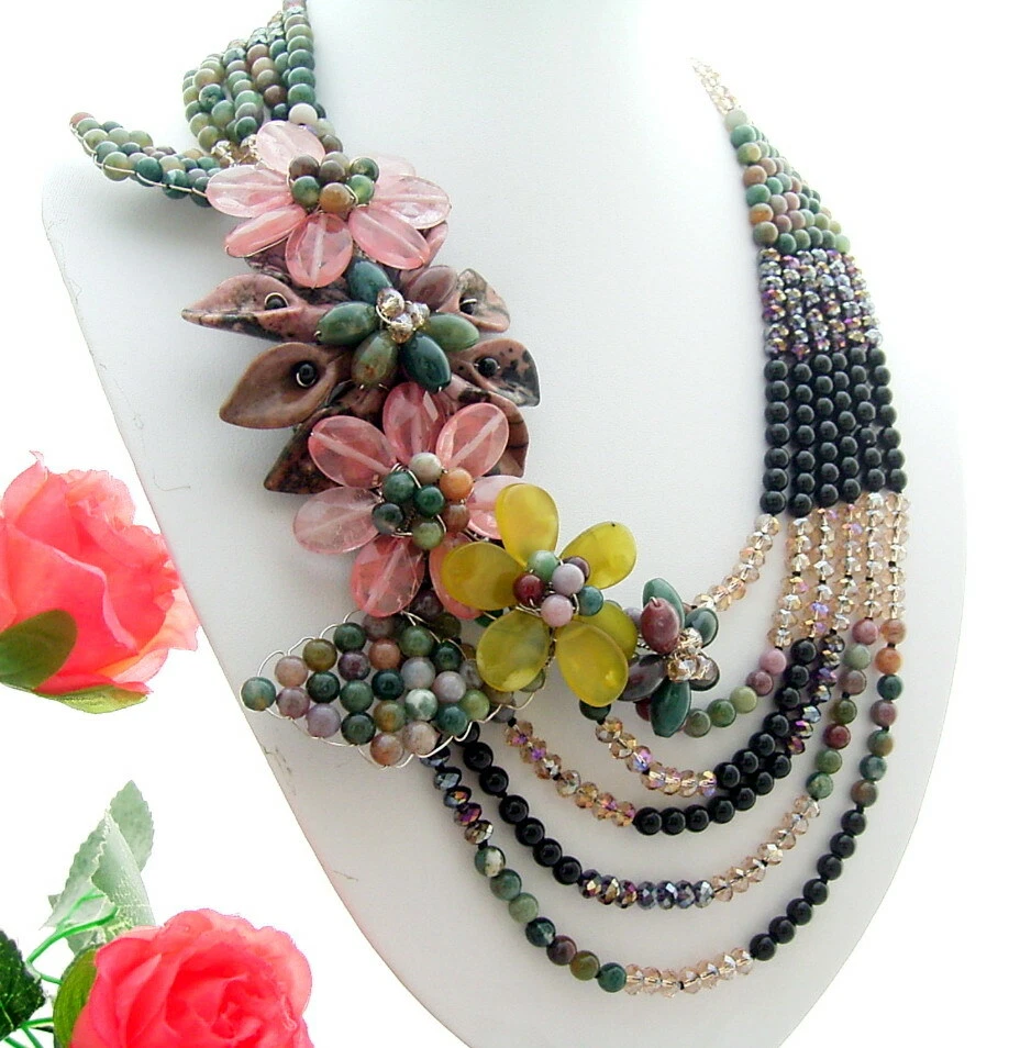 Collar llamativo flor cristal ónix ágata perlas negras de agua dulce 22" Foto 2 de 4