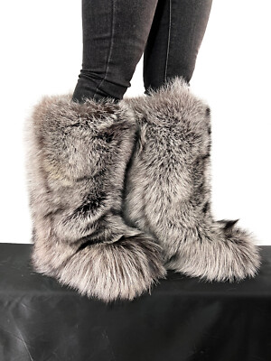 Silver Fox Fur Boots Double Sided Knee High Fur Winter Boots Indoor and Outdoor